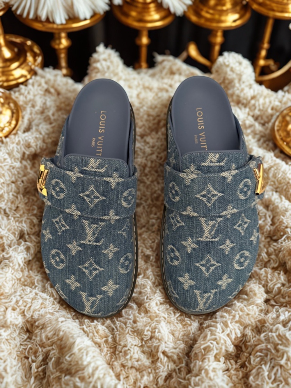 Louis Vuitton Denim Monogram Slip-On Mules with Gold LV Emblem - Picture 2 of 4